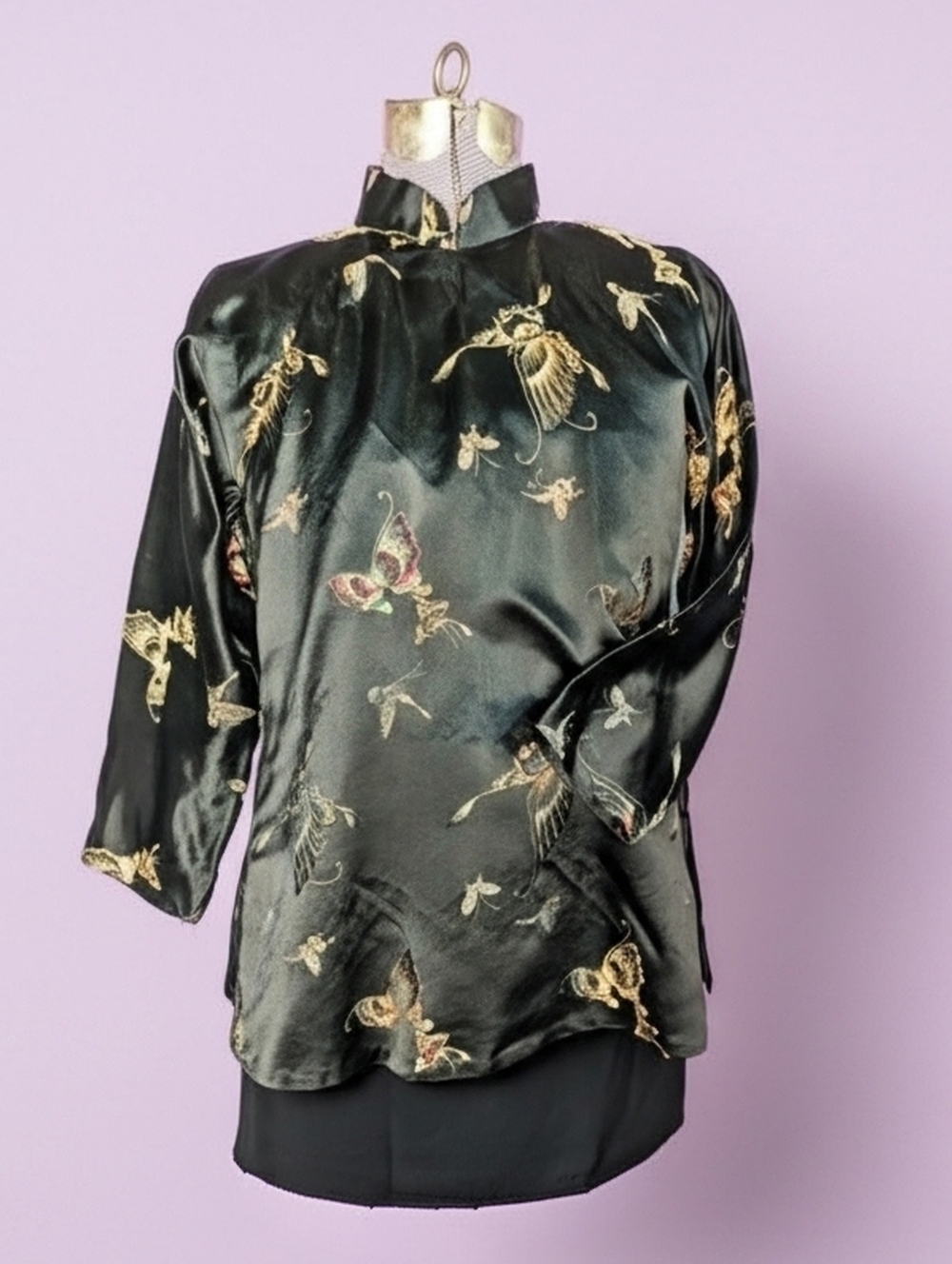 Vintage Chinese Black Butterfly Brocade Cheongsam Top With Mandarin Collar Top